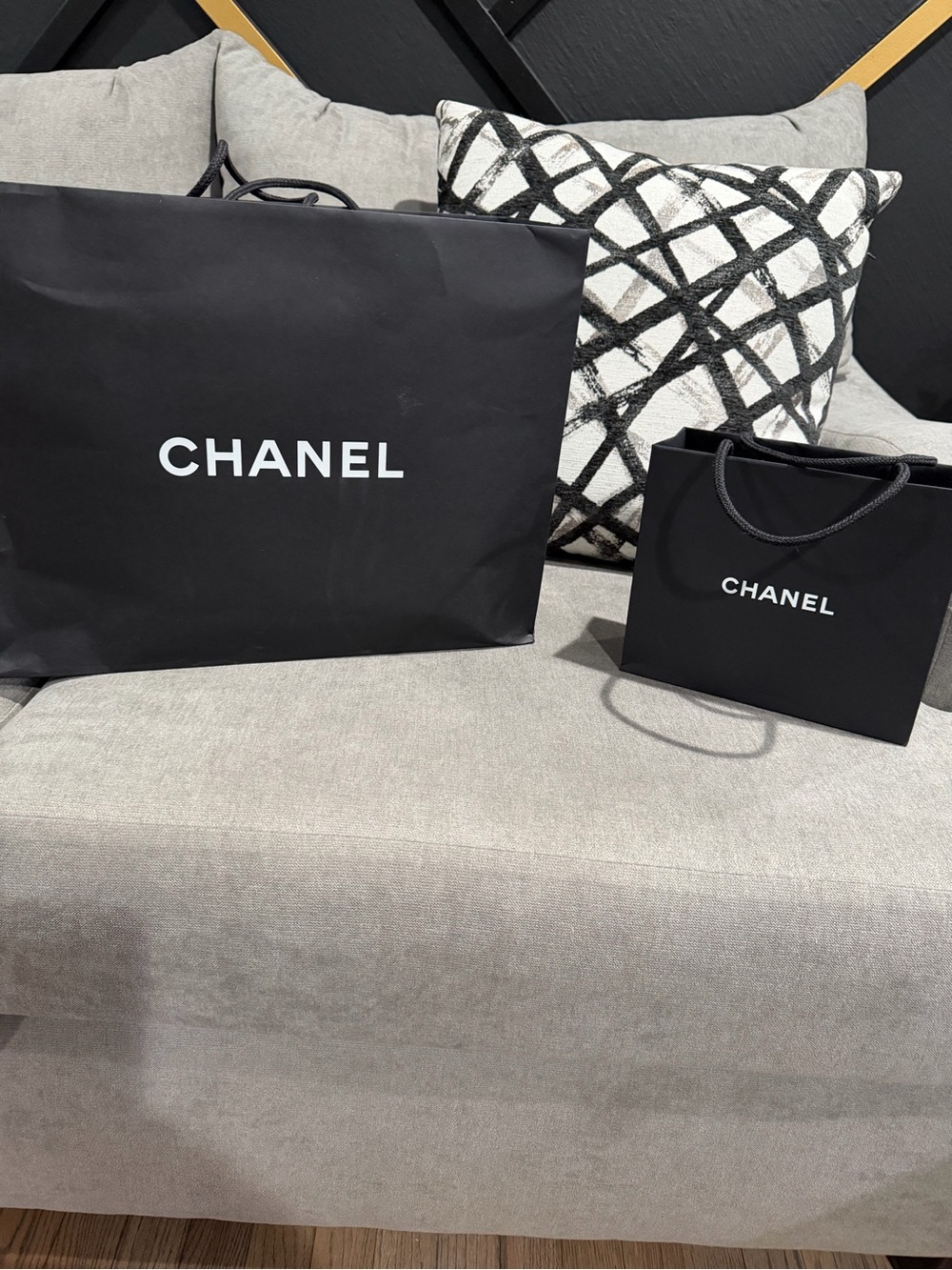 CHANEL Black Shopping Bags with White Logo - Set of Two and sunglasses box